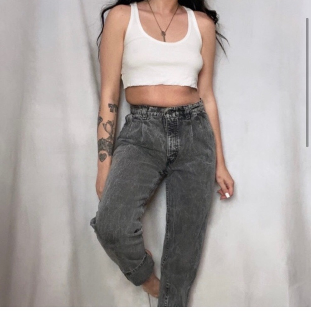 1980S LEVIS RARE DARK GREY ACID WASH HIGH WAISTED WHITE TAB DENIM JEANS